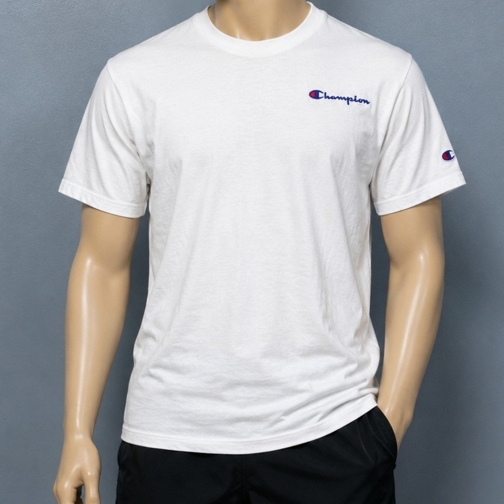 Champion Mens T-Shirt White Embroidered Logo Script Athletic Medium